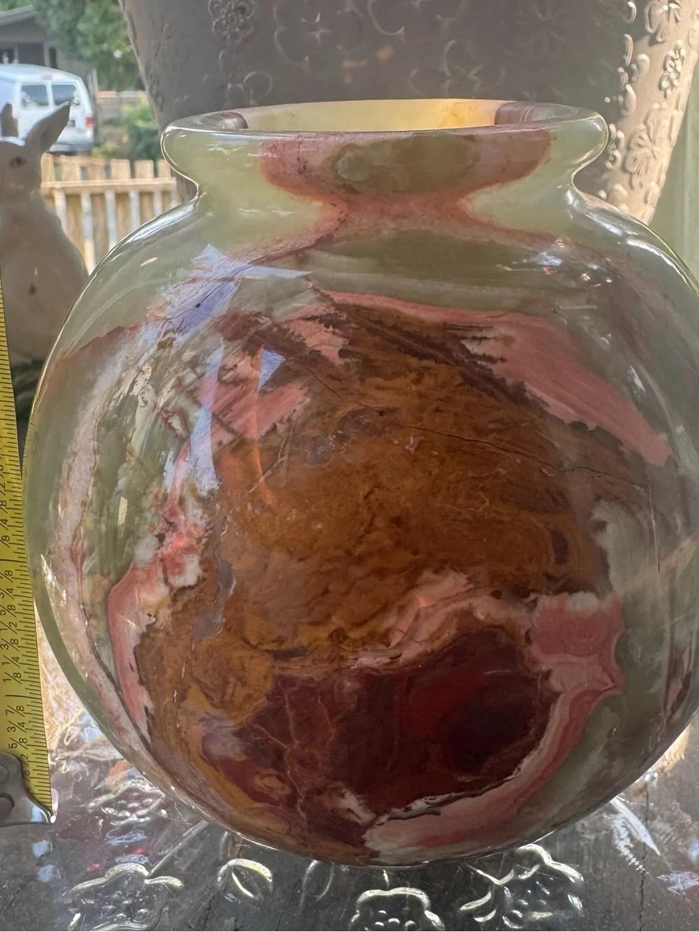 Vintage Polychrome Onyx Stone Vase in Pink, Brown & Green